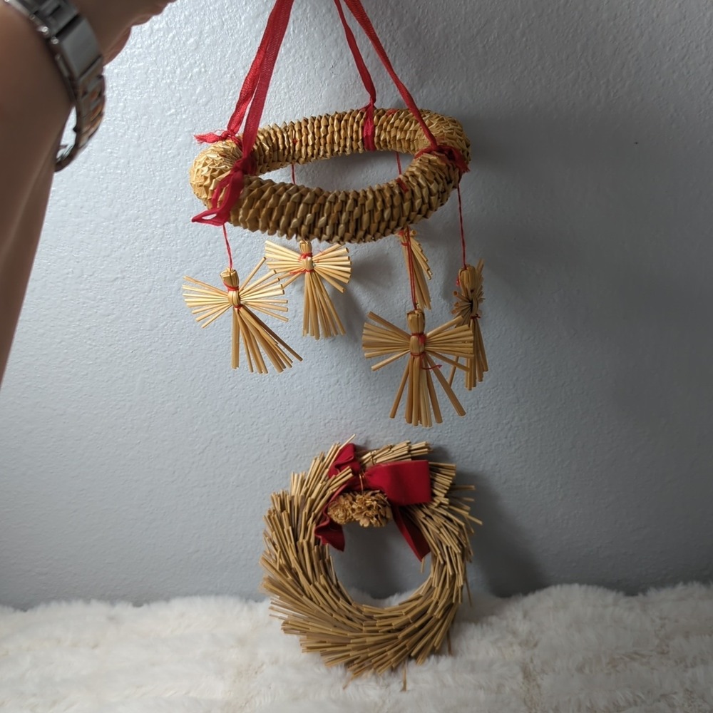 Scandinavian Braided Straw Christmas Mobile  Swedish Angels‎ and Wreath